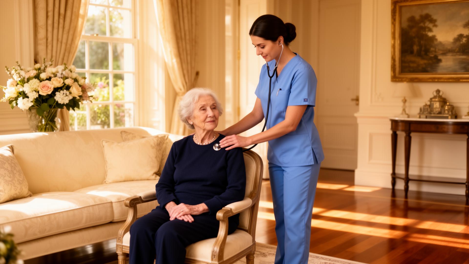 Private nurse caring for a client in a luxury residential setting